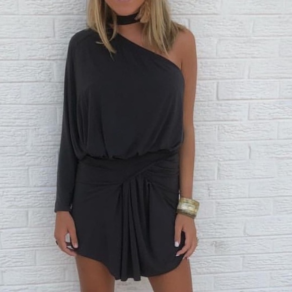 Laura Siegel Anthropologie Asymmetrical Dress Grey Medium Off Shoulder - Picture 2 of 12